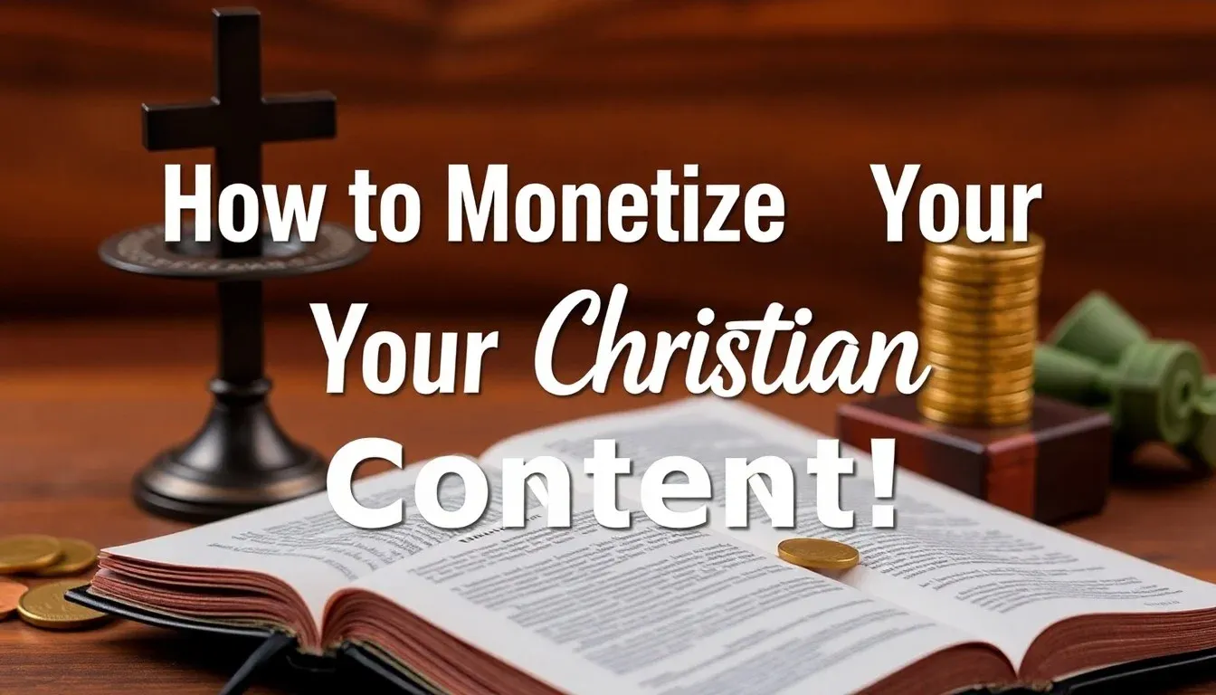 12 Ways to Monetize Christian Content Creation on YouTube in 2025 1 A feature image for the blog article 'How to Monetize Your Christian Content!' showcasing elements like a cross, an open Bible, and coins. The image has a warm and inviting color scheme, with the title prominently displayed in an attractive font.